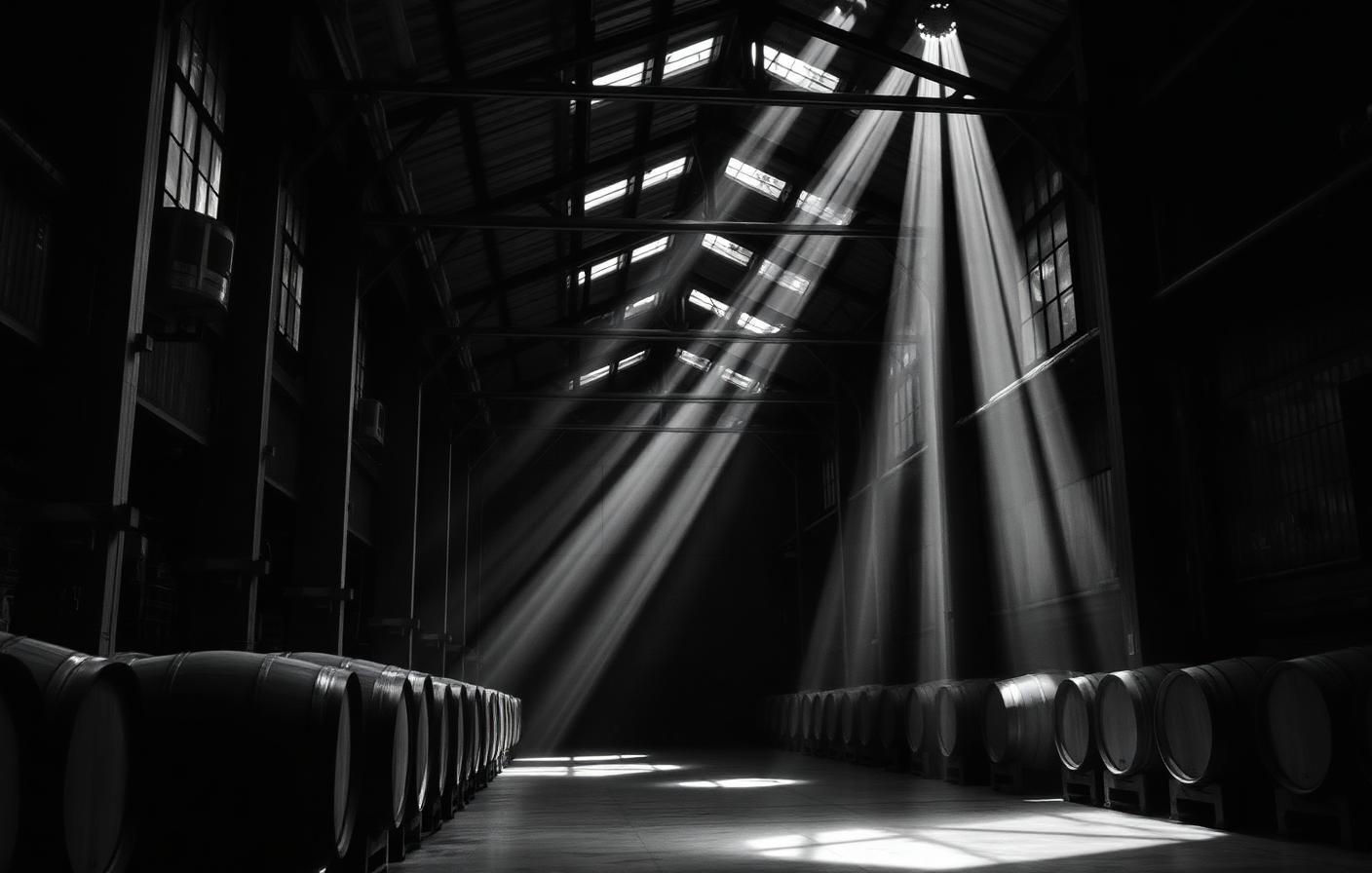 A warehouse interior with oak barrels